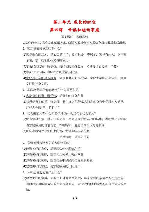 【最新版】人教版七年级上册道德与法治第二单元第四课《幸福和睦的家庭》重要知识点总结