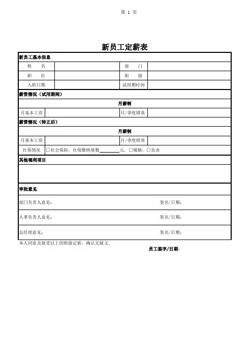 新员工定薪表