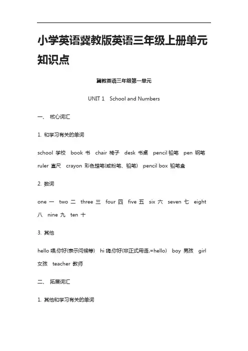 [全]小学英语冀教版英语三年级上册单元知识点