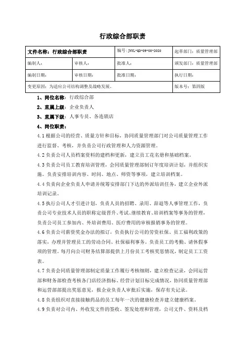 连锁药店行政综合部职责