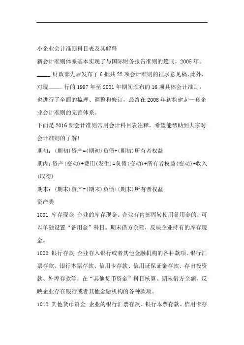 2018小企业会计准则科目表及其解释