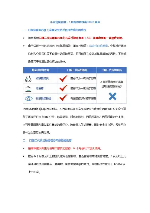 儿童合理应用H1抗组胺药指南2022要点