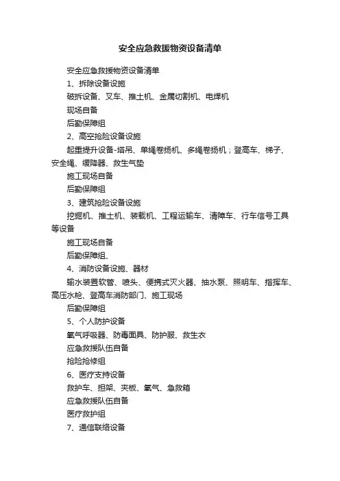 安全应急救援物资设备清单