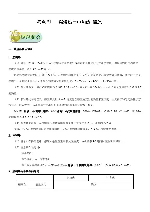 2019年高考化学考点一遍过考点31 燃烧热与中和热 能源 含解析