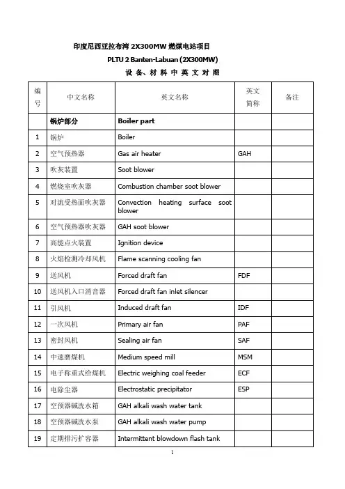 火电厂专业英文词汇之七、设备材料(中英对照)