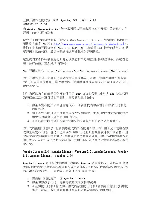 五种开源协议的比较(BSD, Apache, GPL, LGPL, MIT)