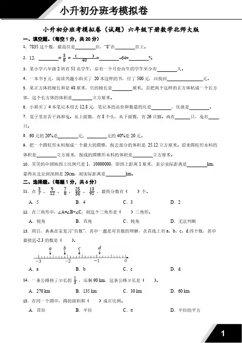 小升初分班考模拟卷(试题)(含答案)2023-2024学年六年级下册数学北师大版