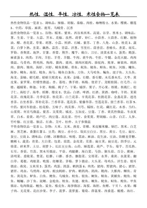 热性温性平性凉性寒性食物一览表