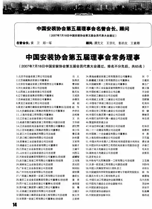 中国安装协会第五届理事会常务理事