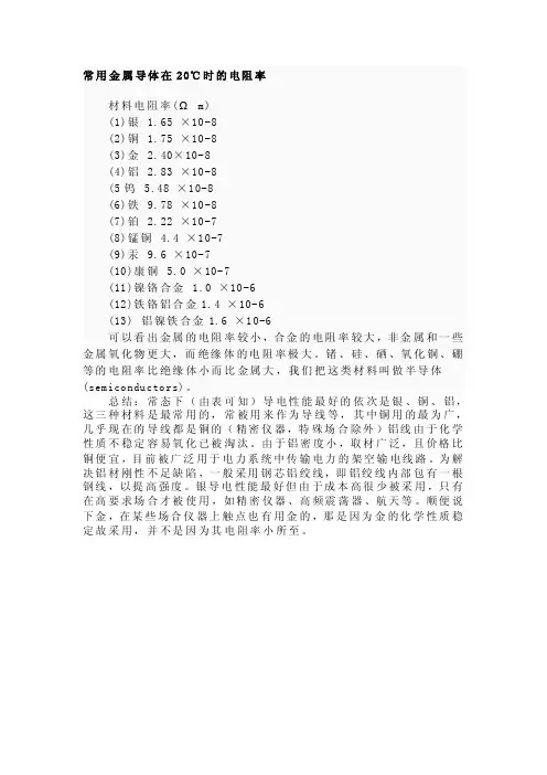 常用导体电阻率