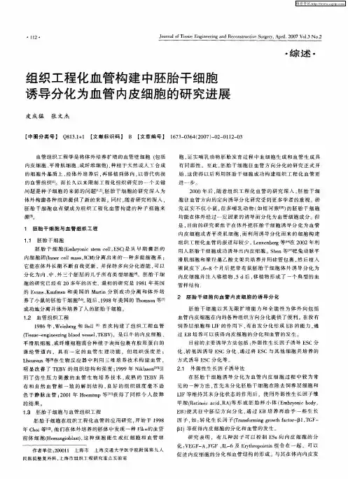 组织工程化血管构建中胚胎干细胞诱导分化为血管内皮细胞的研究进展