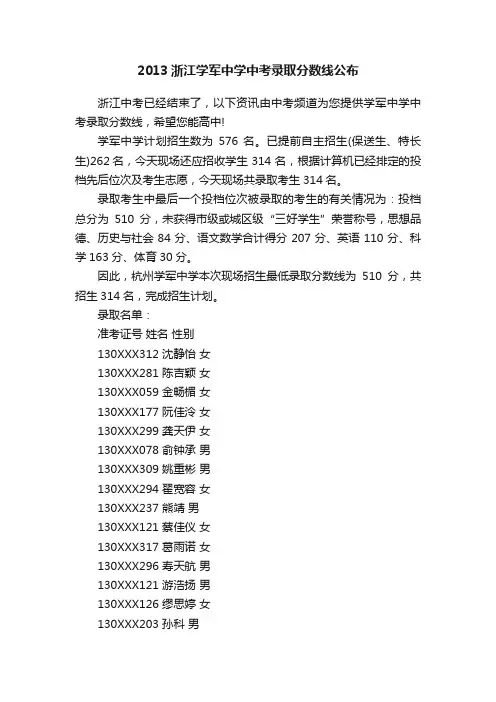 2013浙江学军中学中考录取分数线公布