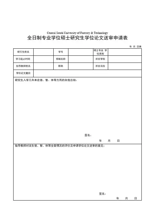 全日制专业学位硕士论文送审申请表
