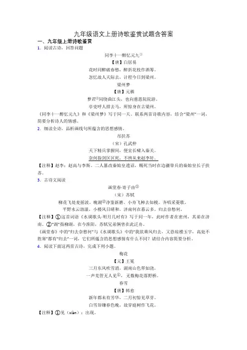 九年级语文上册诗歌鉴赏试题含答案