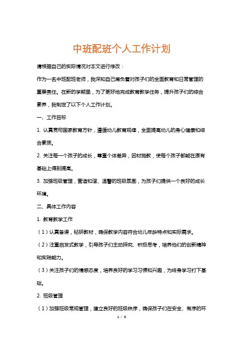 中班配班个人工作计划