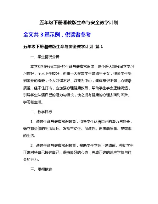 五年级下册湘教版生命与安全教学计划