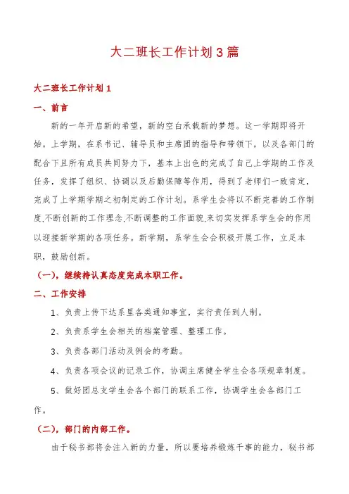 大二班长工作计划3篇