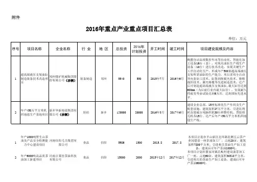 2016年重点产业重点项目汇总表