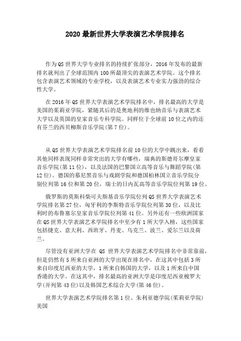 2020最新世界大学表演艺术学院排名