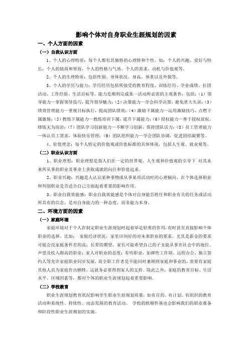 影响个体对自身职业生涯规划的因素