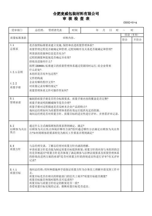 内审计划及内审检查表