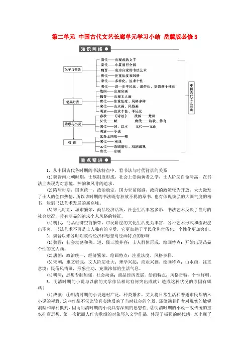 2016-2017学年高中历史 第二单元 中国古代文艺长廊单元学习小结 岳麓版必修3