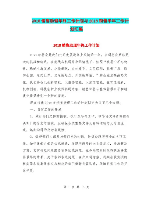 2018销售助理年终工作计划与2018销售半年工作计划汇编.doc