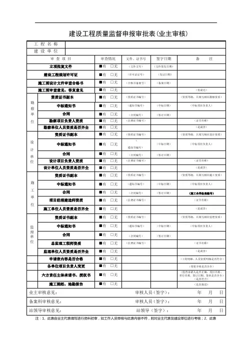 甘肃省质量备案建设工程质量监督申报审批表(业主审核)