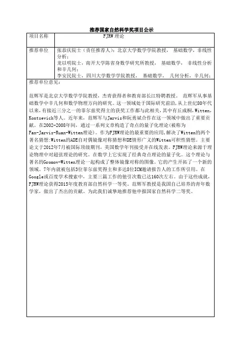 推荐国家自然科学奖项目公示