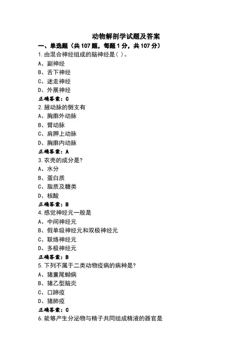 动物解剖学试题及答案