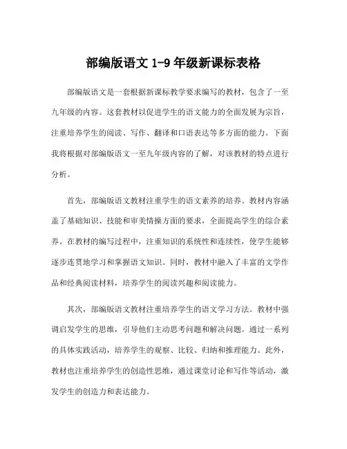 部编版语文1-9年级新课标表格