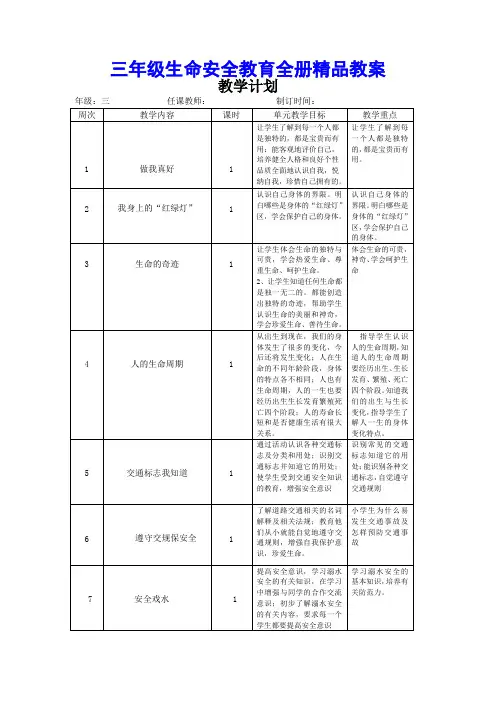 小学三年级生命安全教育全册精品教案(通用)