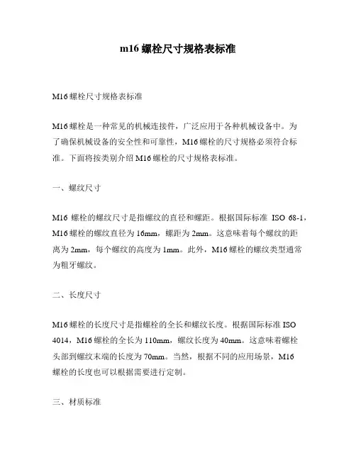 m16螺栓尺寸规格表标准