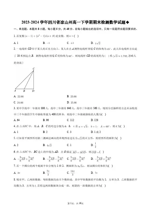2023-2024学年四川省凉山州高一下学期期末检测数学试题+答案解析