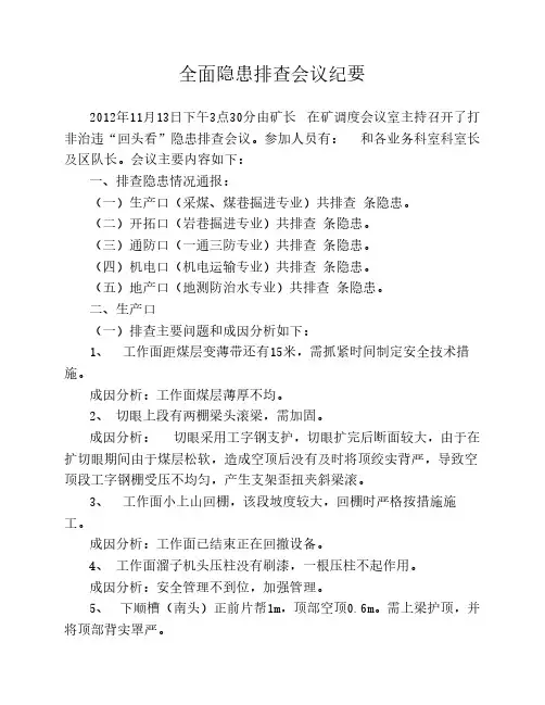 煤矿全面隐患排查会议纪要11.8