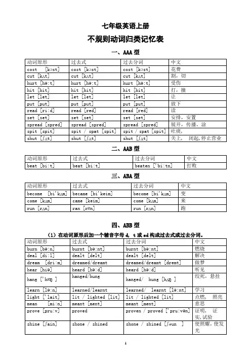 初中英语七年级上册不规则动词归类记忆表(必考内容)