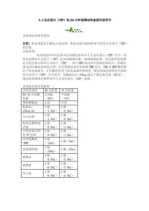 人C反应蛋白(CRP)ELISA分析检测试剂盒使用说明书