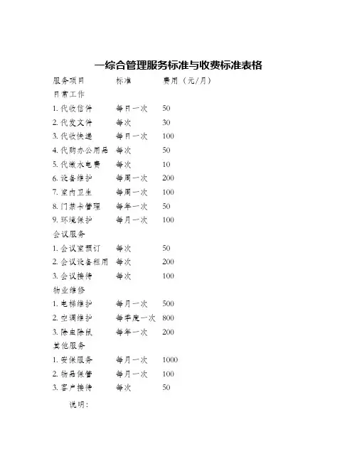一综合管理服务标准与收费标准表格
