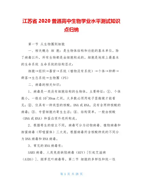江苏省2020普通高中生物学业水平测试知识点归纳
