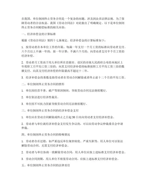 单位倒闭终止劳务合同赔偿标准