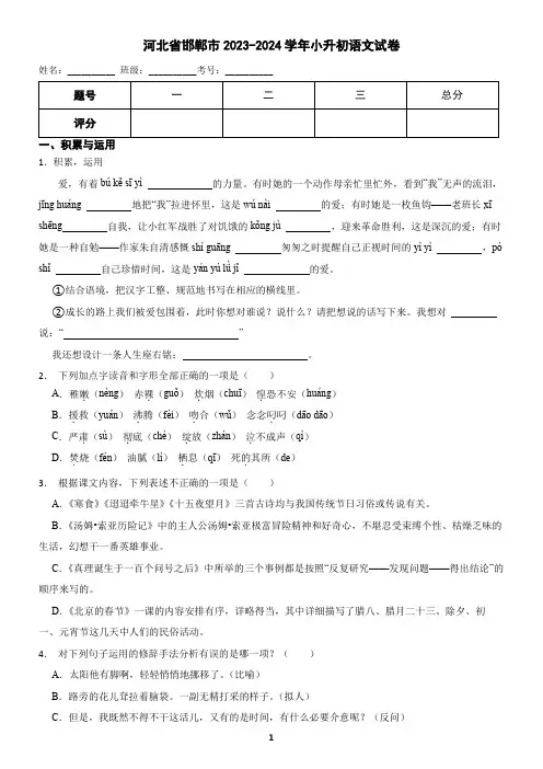 河北省邯郸市2023-2024学年小升初语文试卷(含答案)2