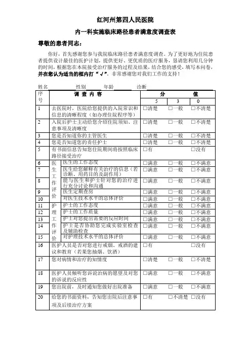 内一科临床路径患者满意度调查表
