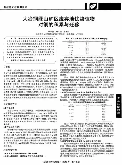 大冶铜绿山矿区废弃地优势植物对铜的积累与迁移