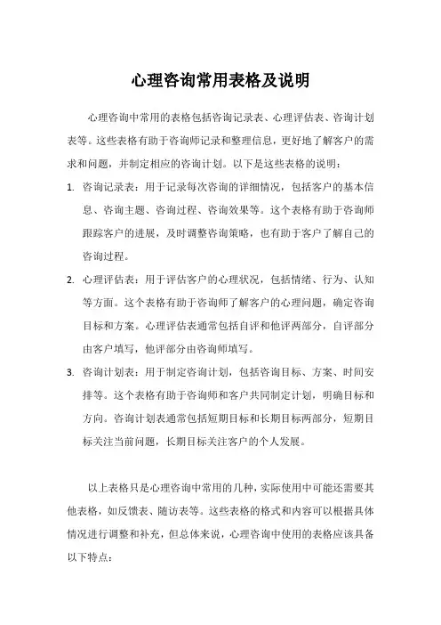 心理咨询常用表格及说明