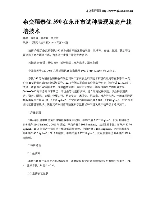 杂交稻泰优390在永州市试种表现及高产栽培技术