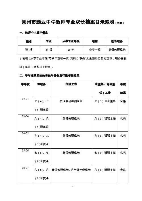 (档案管理)常州市勤业中学教师专业成长档案目录索引