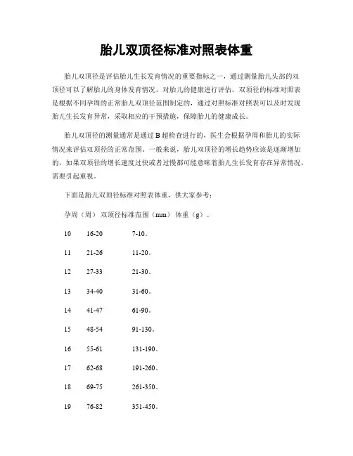 胎儿双顶径标准对照表体重