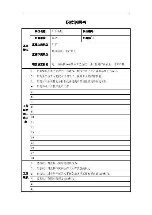 PZGLI007-品质管理-轧钢厂(工艺)厂长助理岗位说明书