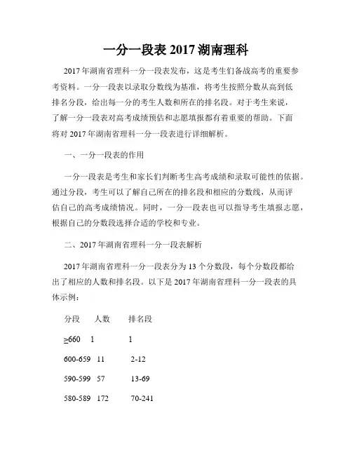 一分一段表2017湖南理科