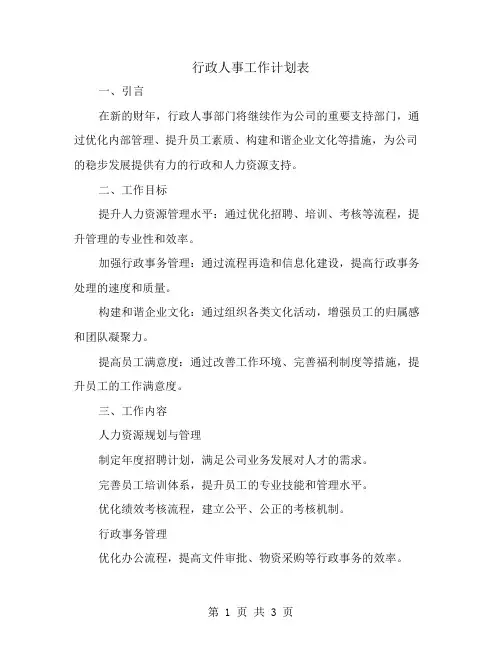 行政人事工作计划表